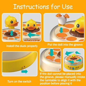 Instructions for using a toy with a duck design on an orange background
