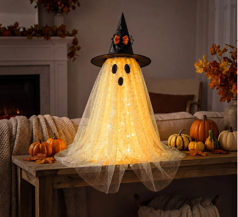Light-Up Halloween Ghost Decorations – Sparkling Witch Hat Ghosts