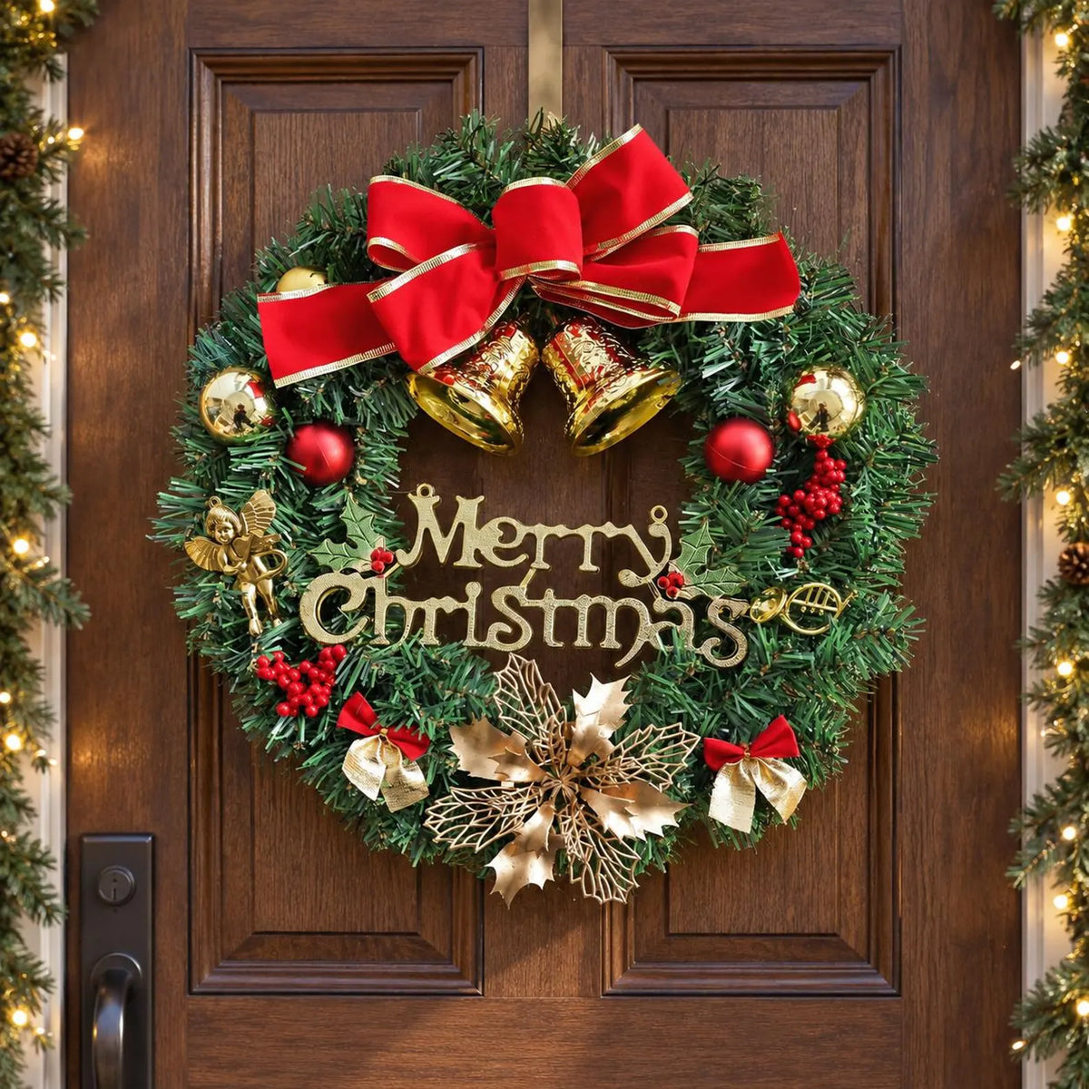 Christmas Wreath with Bells & Bow – Festive Holiday Door Decor
