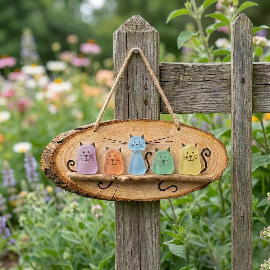 Sea Glass Cat Wall Hanging - Cute Rustic Home Decor