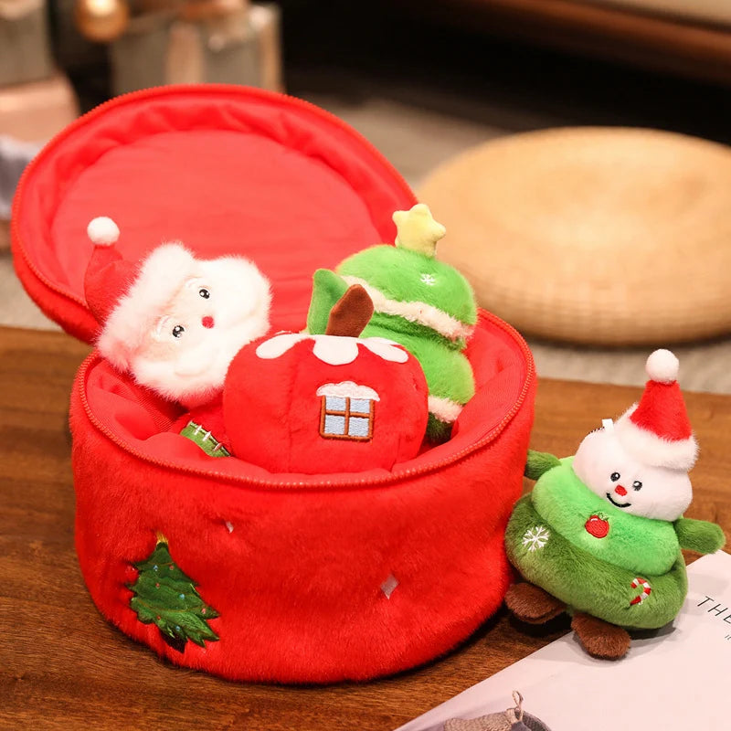 4pcs Christmas Plush Set – Santa, Snowman, Tree & Apple Decorations
