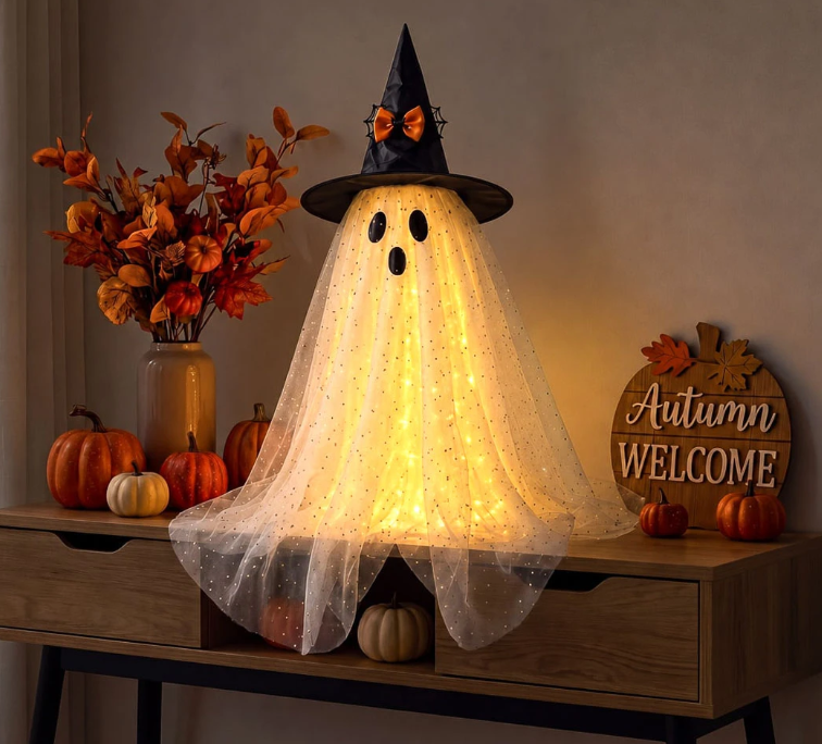 Light-Up Halloween Ghost Decorations – Sparkling Witch Hat Ghosts