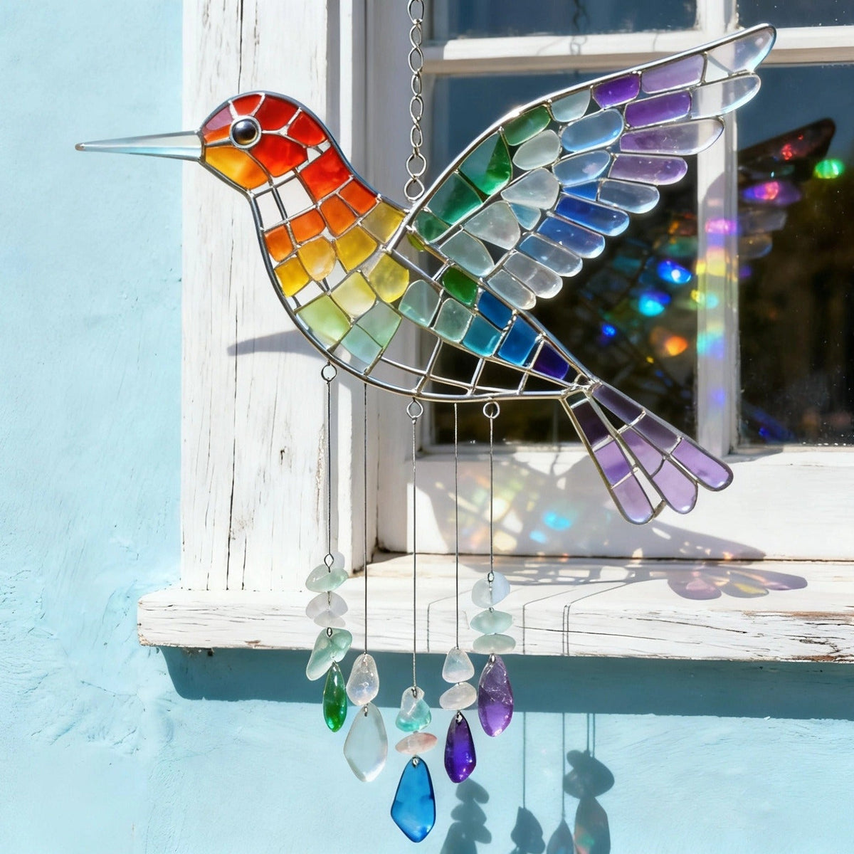 Hummingbird Sea Glass Wind Chime - Colorful Hanging Decor