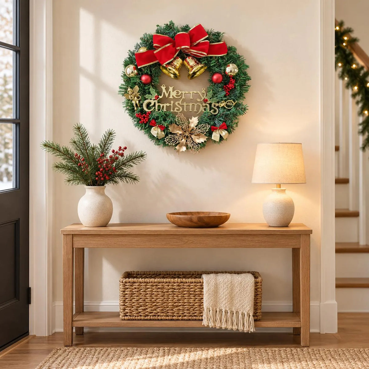 Christmas Wreath with Bells & Bow – Festive Holiday Door Decor