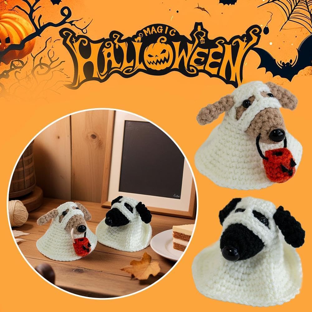 Crochet Ghost Dog with Pumpkin - Cute Halloween Decor