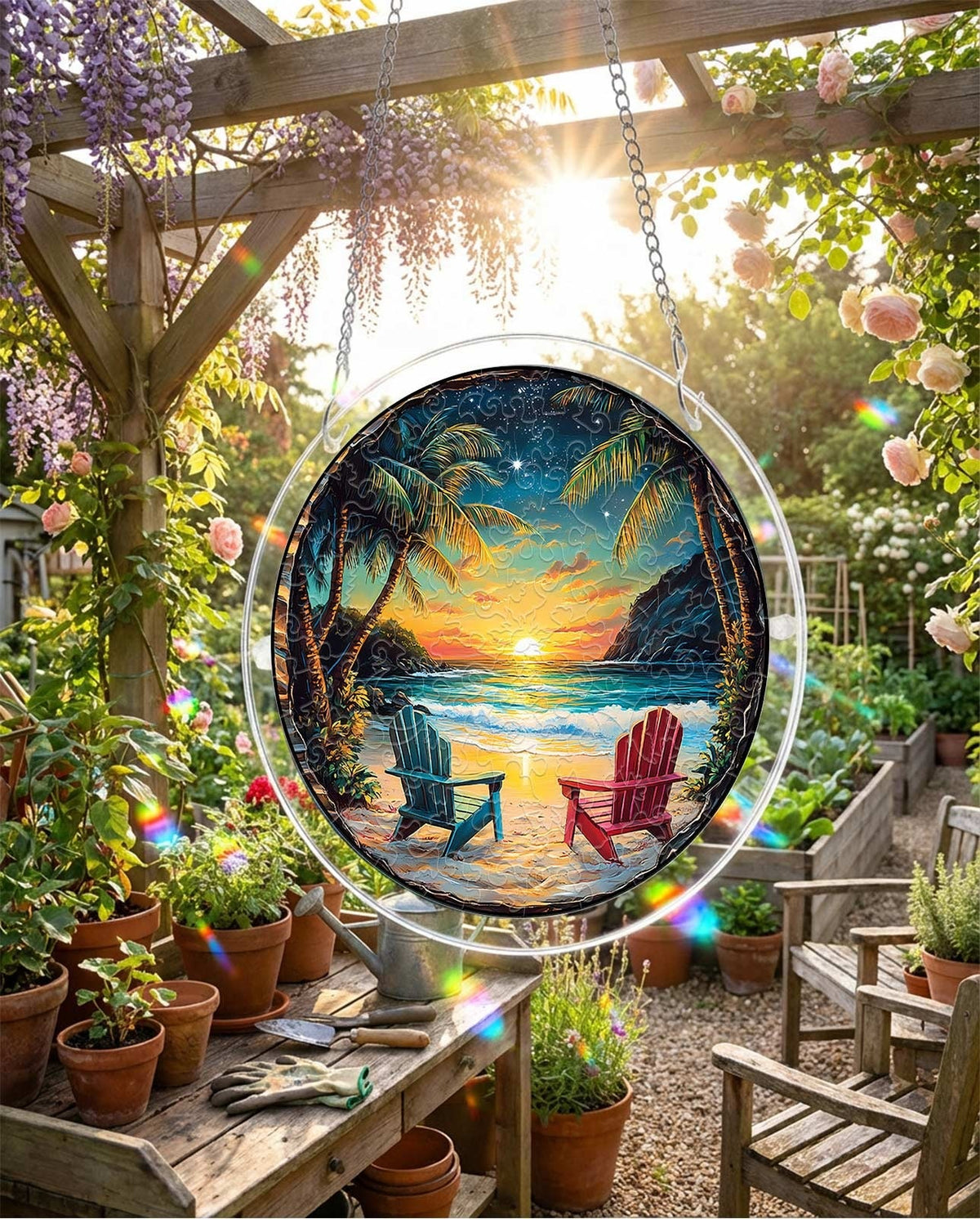 Tropical Sunset Puzzle Suncatcher - Colorful Beach Window Decor