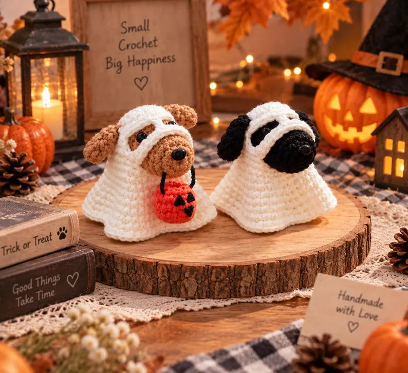 Crochet Ghost Dog with Pumpkin - Cute Halloween Decor