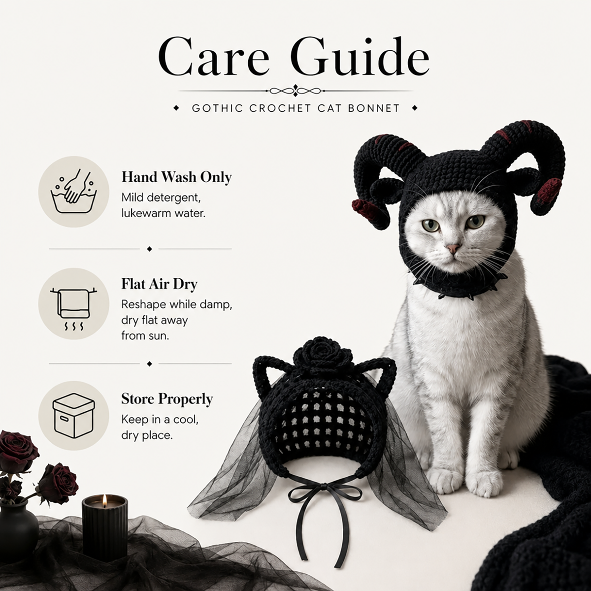 Gothic Crochet Cat Hat - Cute Halloween Pet Costume