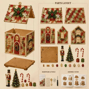 A festive gingerbread house kit layout on a warm cream background, showing the assembled house, roof, wall panels, floor, nutcracker, Christmas tree, candy canes, ornaments, hardware, and assembly guide under the heading 'PARTS LAYOUT'.