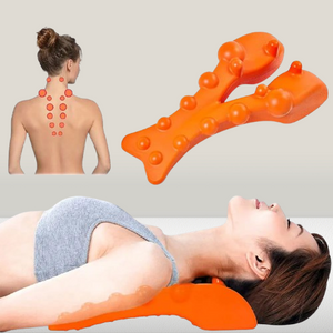 Orange back massager with a woman using it and showing pressure points on her back.