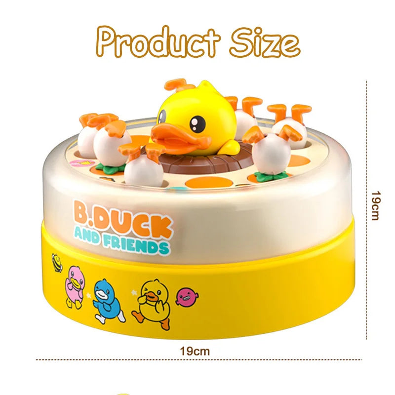 Yellow duck toy with chicks on a white background, featuring 'B.Duck and Friends' branding.