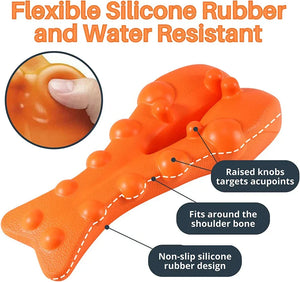 Orange silicone shoulder massager with features highlighted on a white background