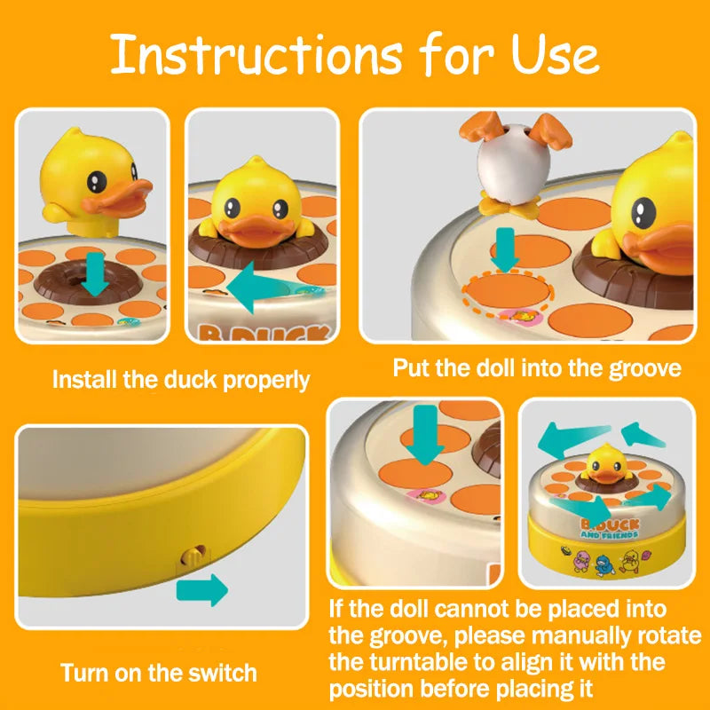 Instructions for using a toy with a duck design on an orange background