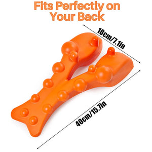 Orange back scratcher with measurements on a white background