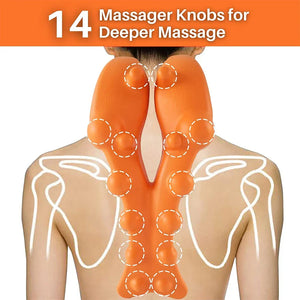 Orange massage device on a person's back with text '14 Massager Knobs for Deeper Massage' on an orange background.