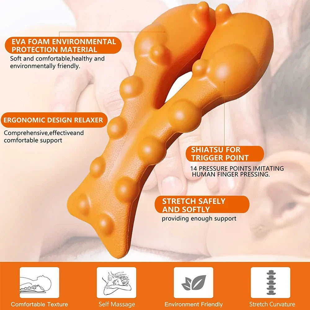 An orange EVA foam finger-shaped massage or trigger-point tool shown over a soft-focus background of hands, with text callouts describing its ergonomic design, environmental protection material, and massage benefits.