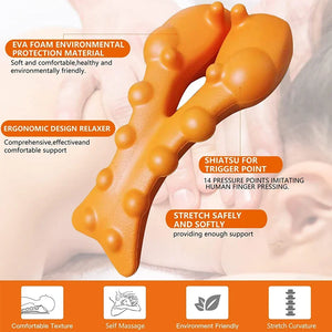 An orange EVA foam finger-shaped massage or trigger-point tool shown over a soft-focus background of hands, with text callouts describing its ergonomic design, environmental protection material, and massage benefits.