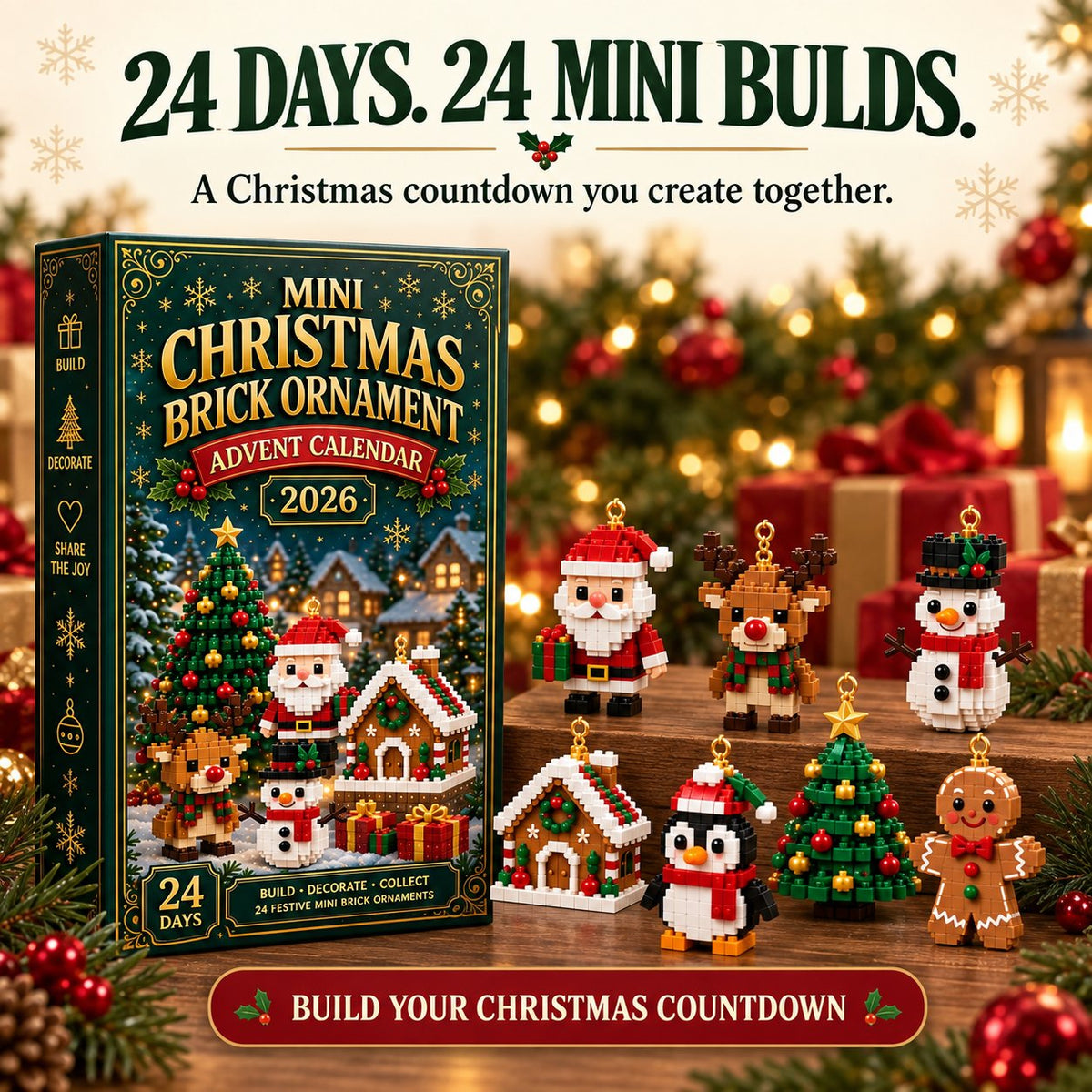 24-Day Christmas Building Blocks Advent Calendar - Festive Mini Ornaments