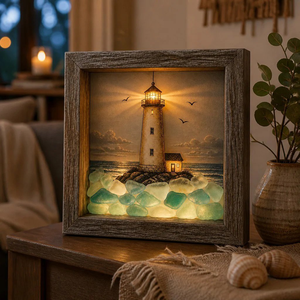Coastal Sea Glass Shadow Box - Lighted Ocean Home Decor
