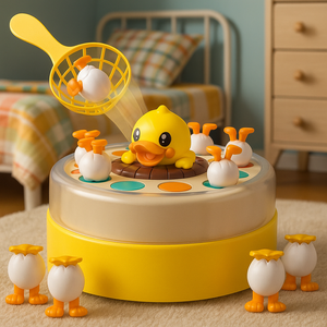 Children's toy with a yellow duck and eggs on a spinning platform in a room setting.